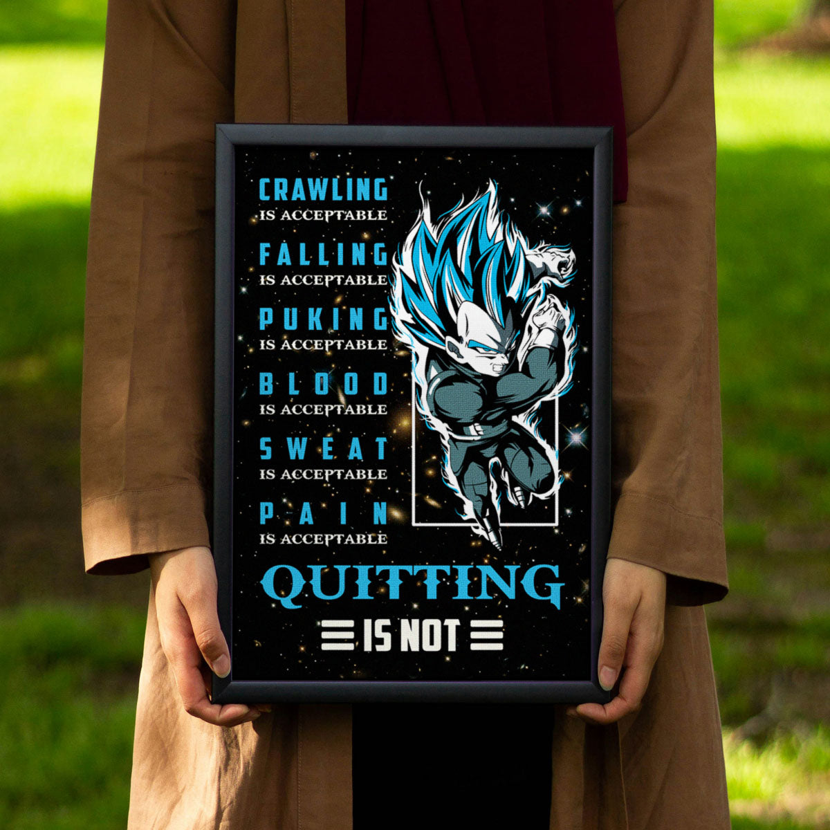 Vegeta Super Saiyan Blue Canvas Wall Art - Dragon Ball Anime Motivational Quote “Quitting Is Not” Print - Ready to Hang Gym Workout Decor - DR056