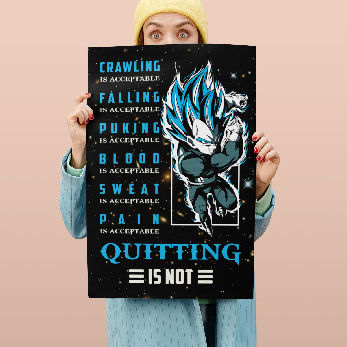 Vegeta Super Saiyan Blue Canvas Wall Art - Dragon Ball Anime Motivational Quote “Quitting Is Not” Print - Ready to Hang Gym Workout Decor - DR056
