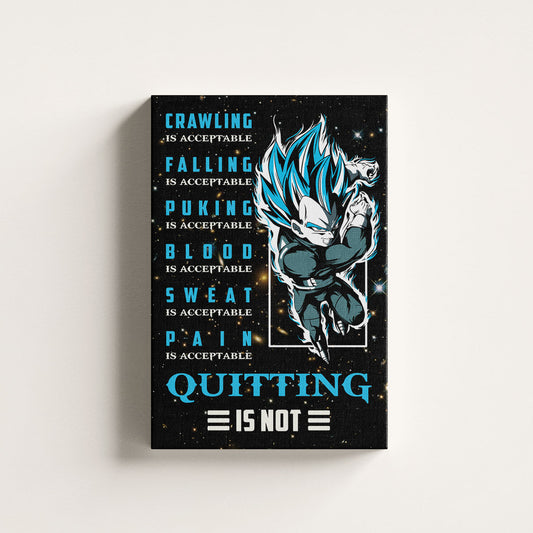 Vegeta Super Saiyan Blue Canvas Wall Art - Dragon Ball Anime Motivational Quote “Quitting Is Not” Print - Ready to Hang Gym Workout Decor - DR056