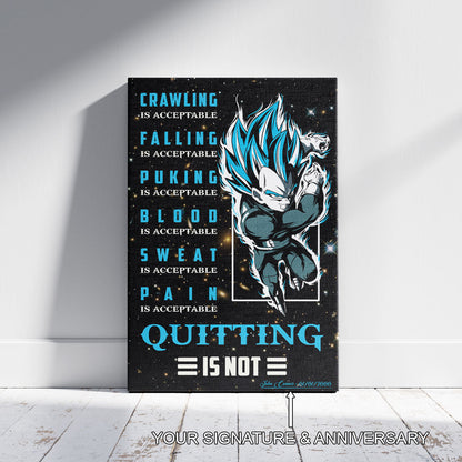 Vegeta Super Saiyan Blue Canvas Wall Art - Dragon Ball Anime Motivational Quote “Quitting Is Not” Print - Ready to Hang Gym Workout Decor - DR056