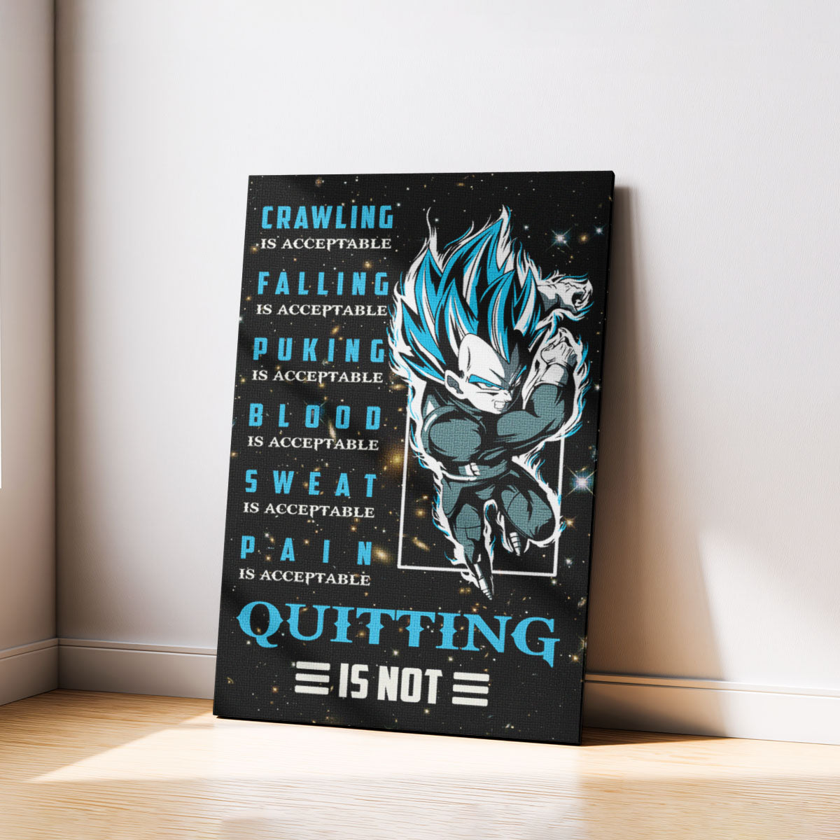 Vegeta Super Saiyan Blue Canvas Wall Art - Dragon Ball Anime Motivational Quote “Quitting Is Not” Print - Ready to Hang Gym Workout Decor - DR056
