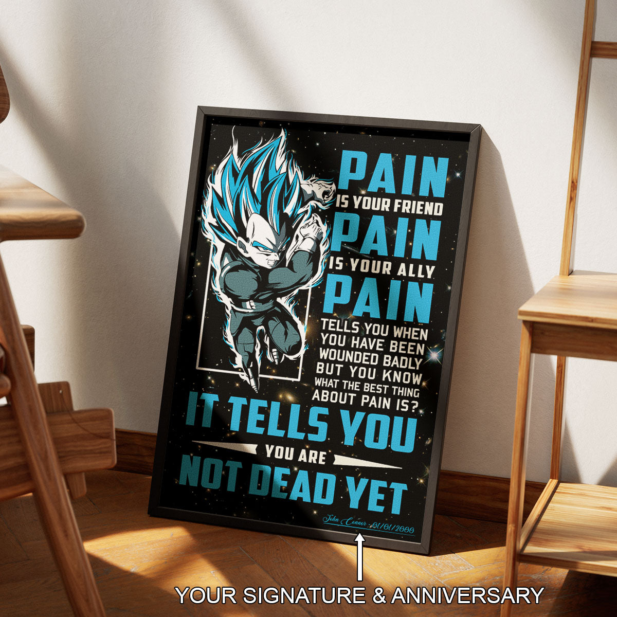 Vegeta Super Saiyan Blue Canvas Wall Art - Dragon Ball Super Motivational "Pain" Print - Ready to Hang Home Office Decor - DR057
