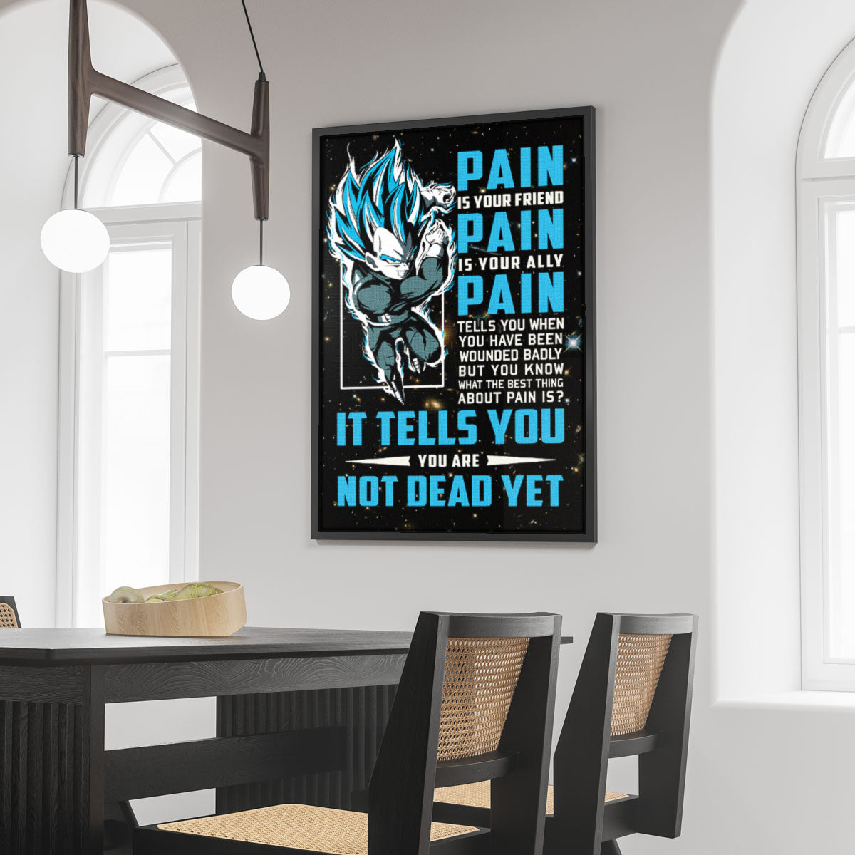 Vegeta Super Saiyan Blue Canvas Wall Art - Dragon Ball Super Motivational "Pain" Print - Ready to Hang Home Office Decor - DR057