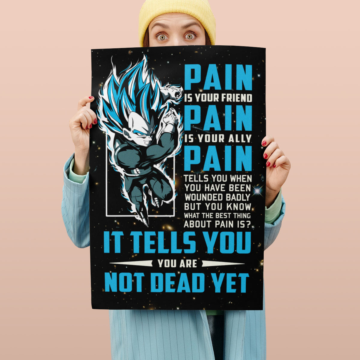 Vegeta Super Saiyan Blue Canvas Wall Art - Dragon Ball Super Motivational "Pain" Print - Ready to Hang Home Office Decor - DR057