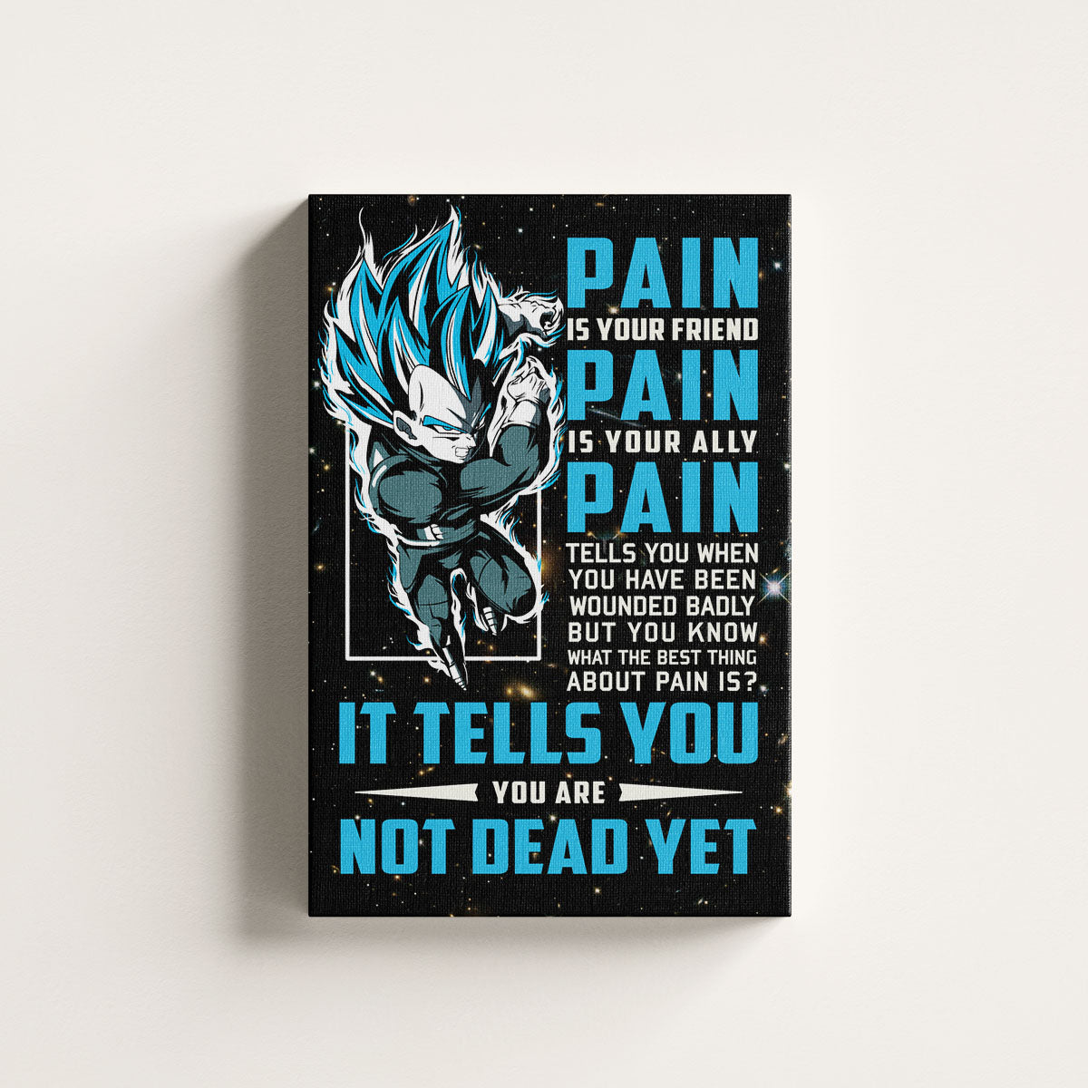 Vegeta Super Saiyan Blue Canvas Wall Art - Dragon Ball Super Motivational "Pain" Print - Ready to Hang Home Office Decor - DR057