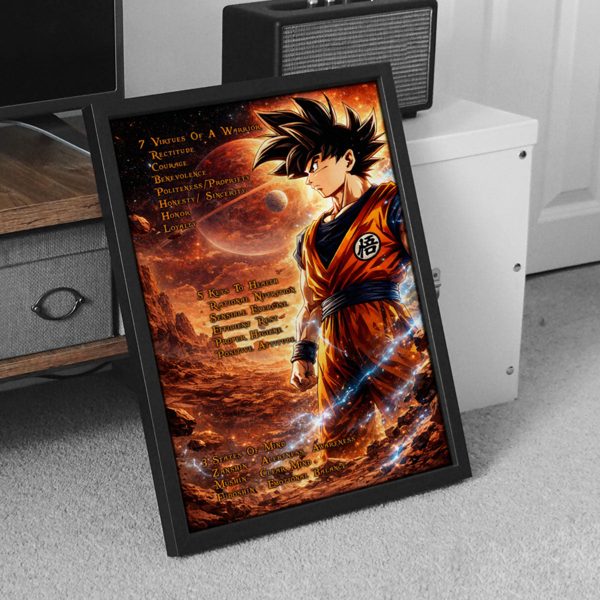 Goku Dragon Ball Z Motivational Canvas Wall Art - 7 Virtues of a Warrior & 5 Keys to Health - Anime Poster Room Decor - DR080