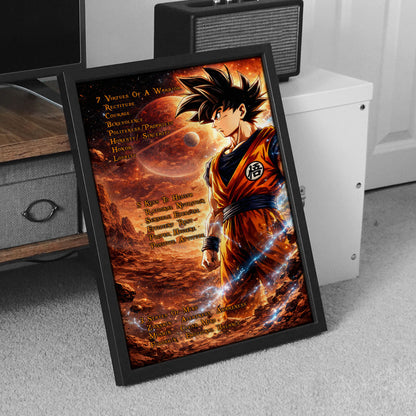 Goku Dragon Ball Z Motivational Canvas Wall Art - 7 Virtues of a Warrior & 5 Keys to Health - Anime Poster Room Decor - DR080
