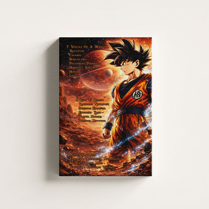 Goku Dragon Ball Z Motivational Canvas Wall Art - 7 Virtues of a Warrior & 5 Keys to Health - Anime Poster Room Decor - DR080
