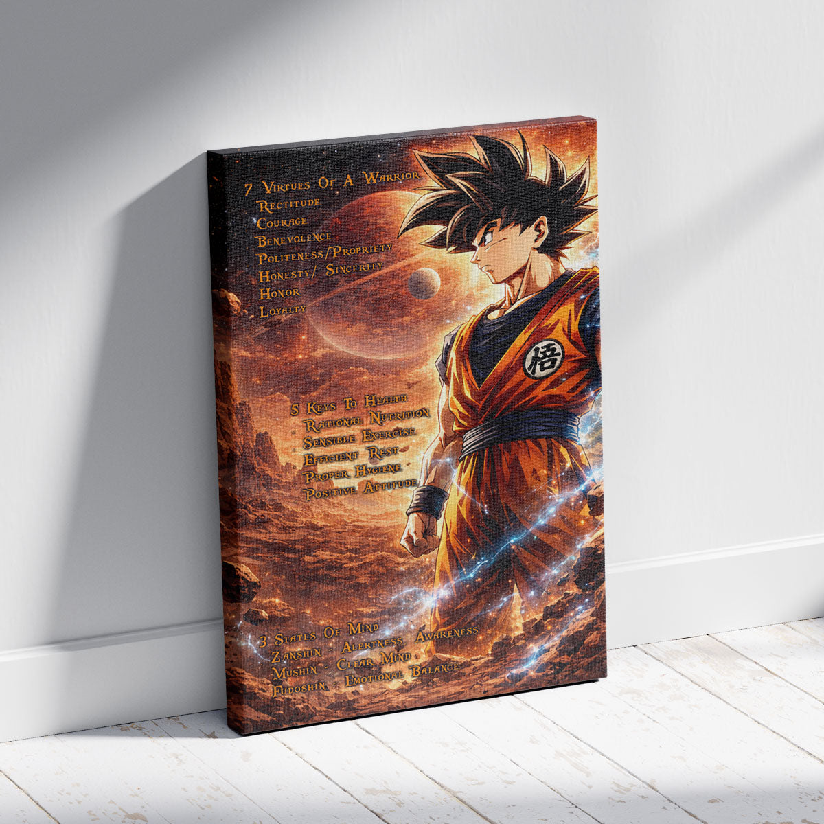 Goku Dragon Ball Z Motivational Canvas Wall Art - 7 Virtues of a Warrior & 5 Keys to Health - Anime Poster Room Decor - DR080