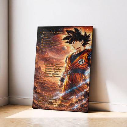 Goku Dragon Ball Z Motivational Canvas Wall Art - 7 Virtues of a Warrior & 5 Keys to Health - Anime Poster Room Decor - DR080
