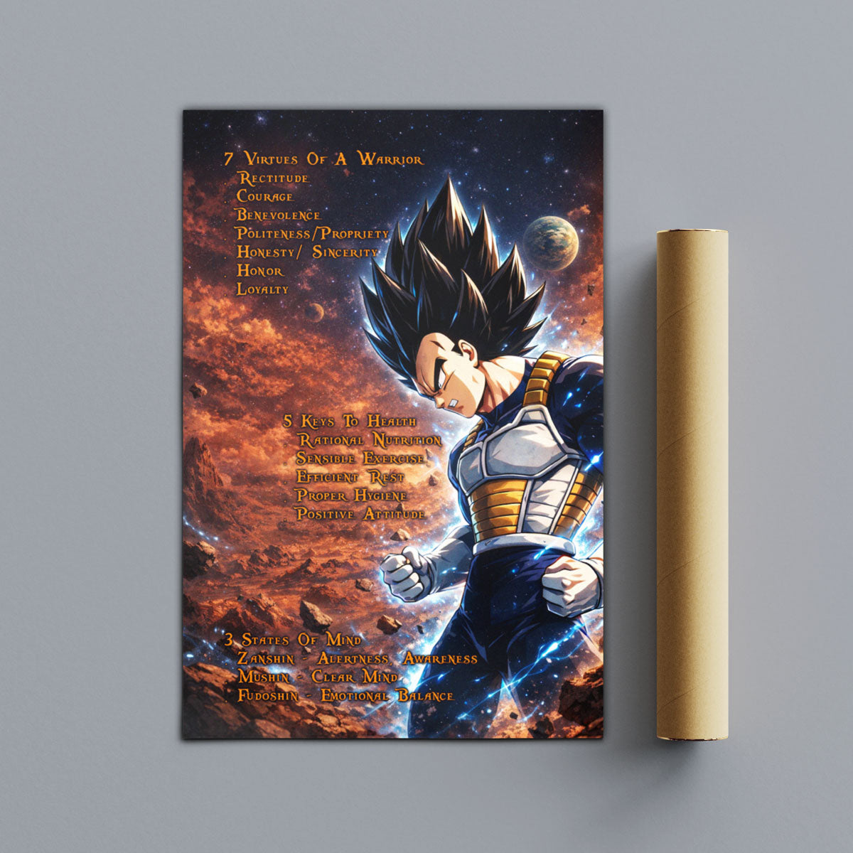 Vegeta Dragon Ball Z Motivational Canvas Wall Art - 7 Virtues of a Warrior & 5 Keys to Health - Anime Poster Room Decor - DR081
