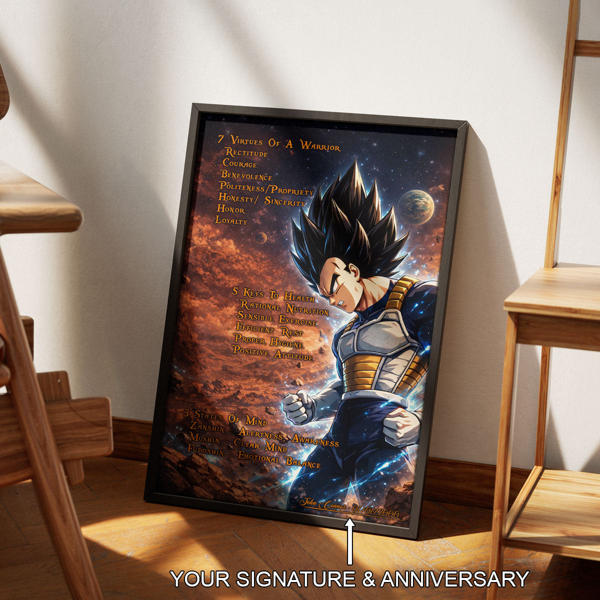 Vegeta Dragon Ball Z Motivational Canvas Wall Art - 7 Virtues of a Warrior & 5 Keys to Health - Anime Poster Room Decor - DR081