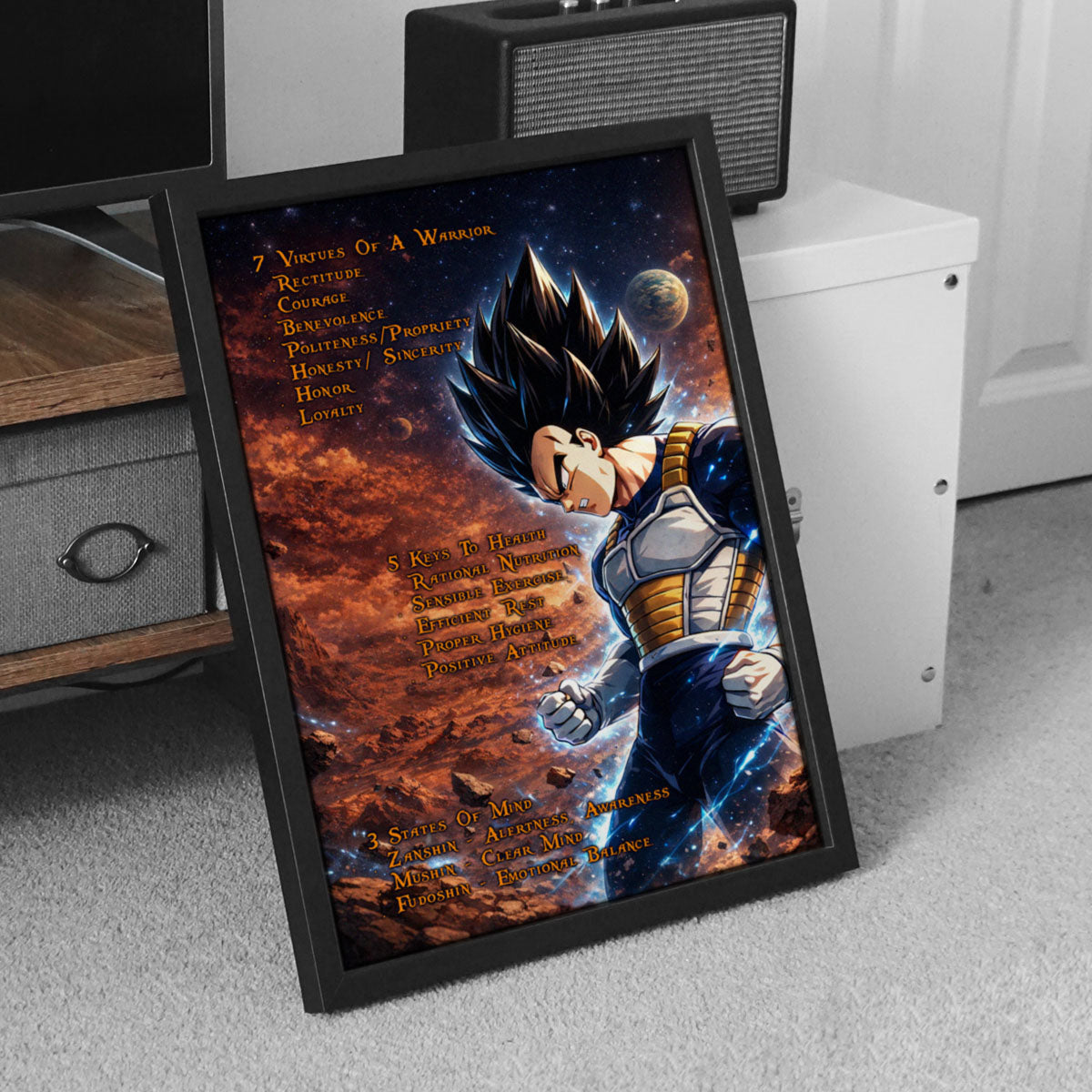 Vegeta Dragon Ball Z Motivational Canvas Wall Art - 7 Virtues of a Warrior & 5 Keys to Health - Anime Poster Room Decor - DR081