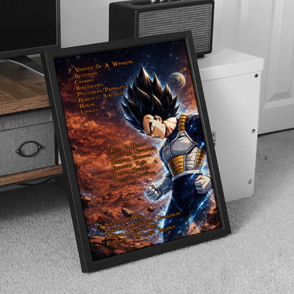 Vegeta Dragon Ball Z Motivational Canvas Wall Art - 7 Virtues of a Warrior & 5 Keys to Health - Anime Poster Room Decor - DR081