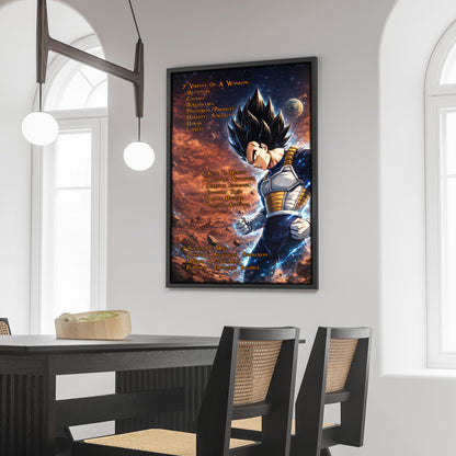 Vegeta Dragon Ball Z Motivational Canvas Wall Art - 7 Virtues of a Warrior & 5 Keys to Health - Anime Poster Room Decor - DR081