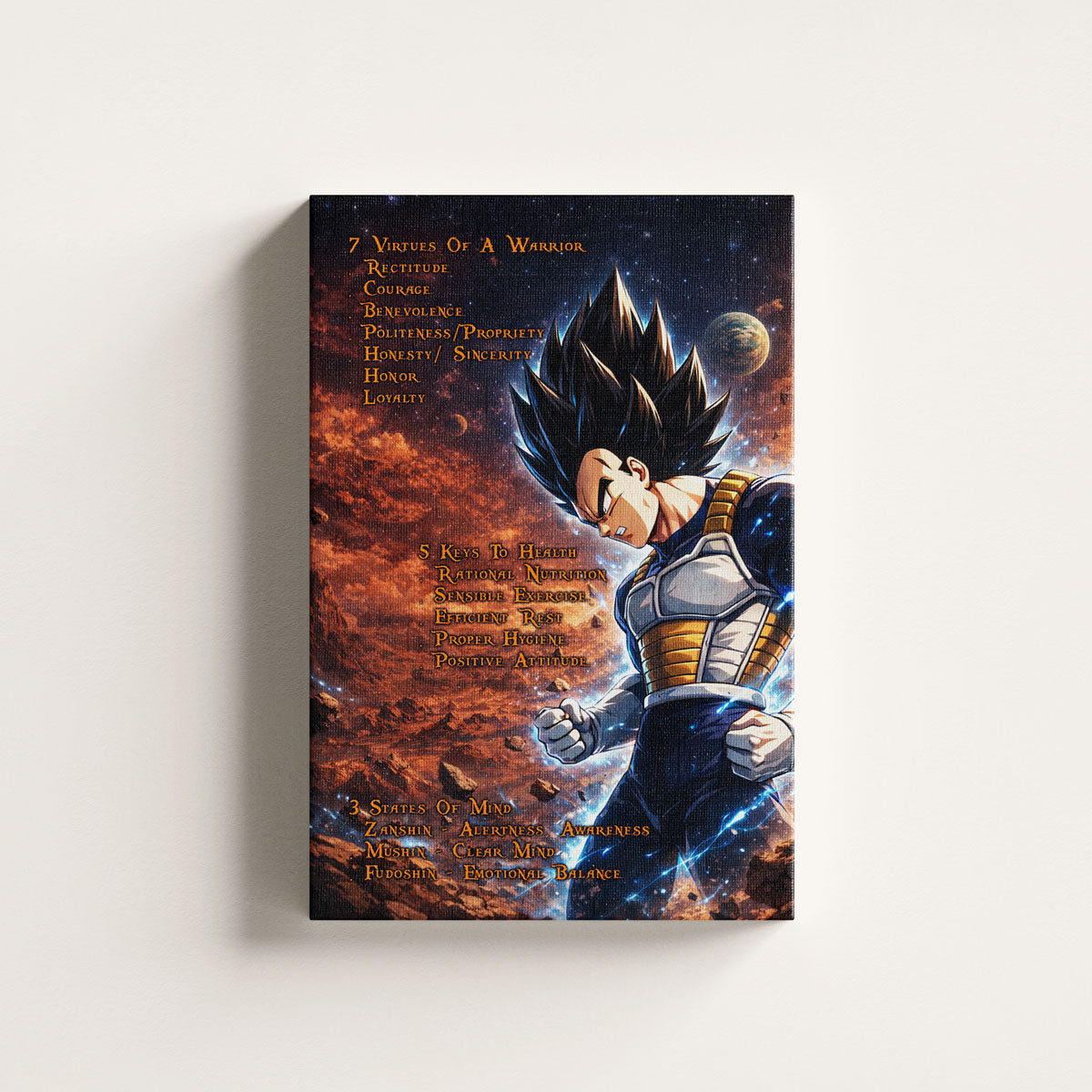Vegeta Dragon Ball Z Motivational Canvas Wall Art - 7 Virtues of a Warrior & 5 Keys to Health - Anime Poster Room Decor - DR081