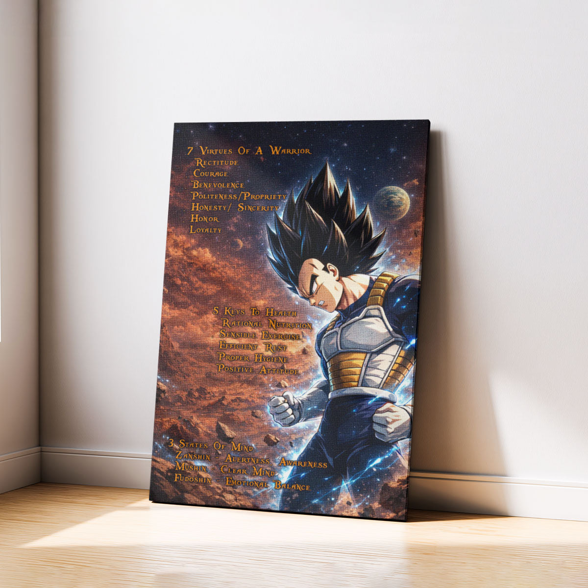 Vegeta Dragon Ball Z Motivational Canvas Wall Art - 7 Virtues of a Warrior & 5 Keys to Health - Anime Poster Room Decor - DR081