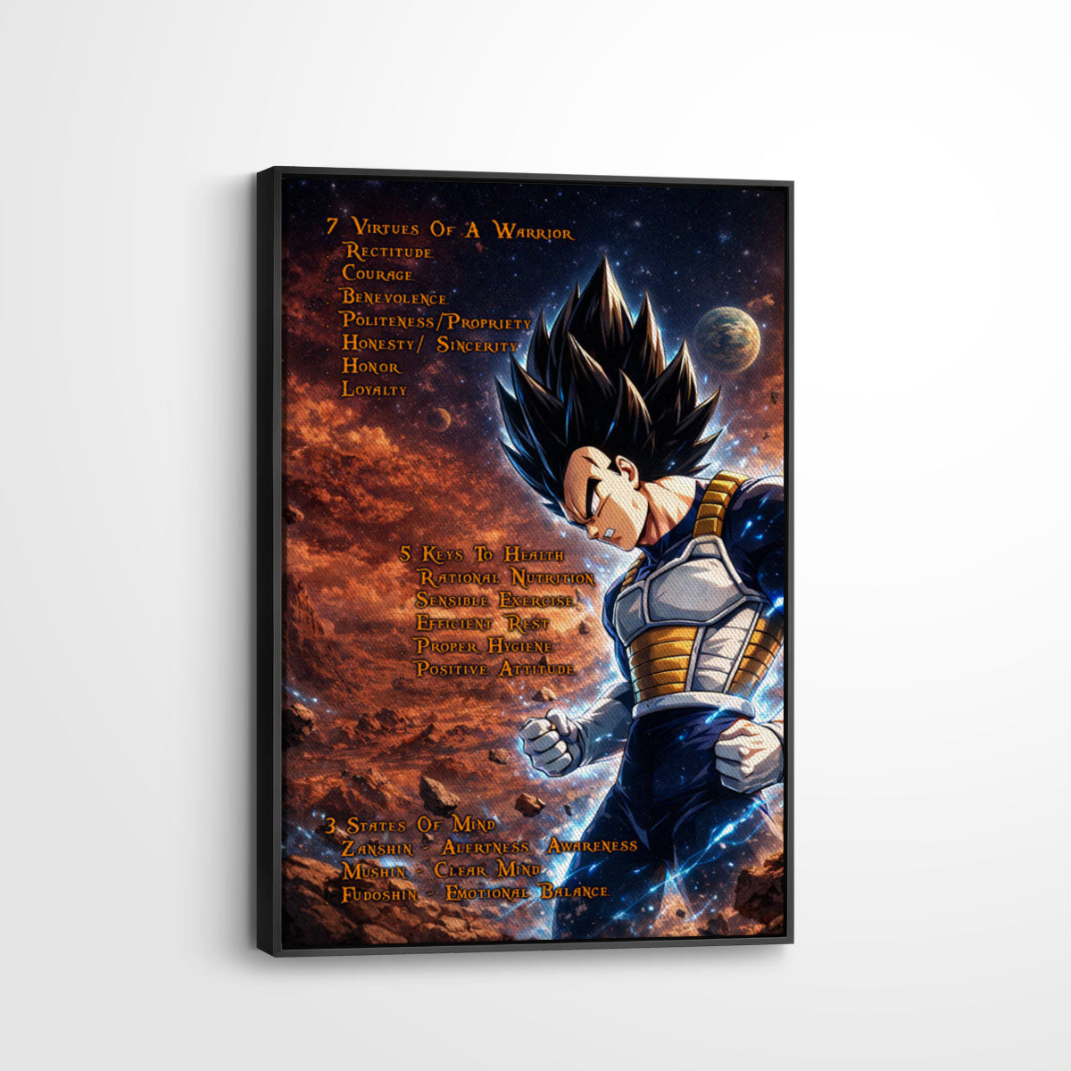 Vegeta Dragon Ball Z Motivational Canvas Wall Art - 7 Virtues of a Warrior & 5 Keys to Health - Anime Poster Room Decor - DR081