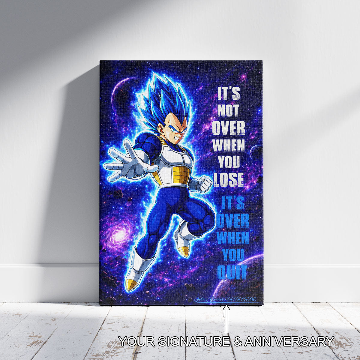 Vegeta Dragon Ball Super Motivational Canvas Wall Art - Super Saiyan Blue -  It's Not Over When You Lose - Gamer Boy Room Decor Gift - DR083