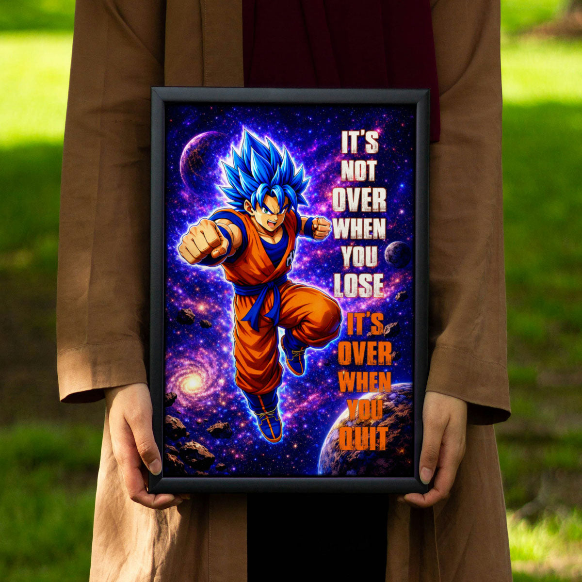 Goku Dragon Ball Super Motivational Canvas Wall Art - Super Saiyan Blue -  It's Not Over When You Lose - Gamer Boy Room Decor Gift - DR084