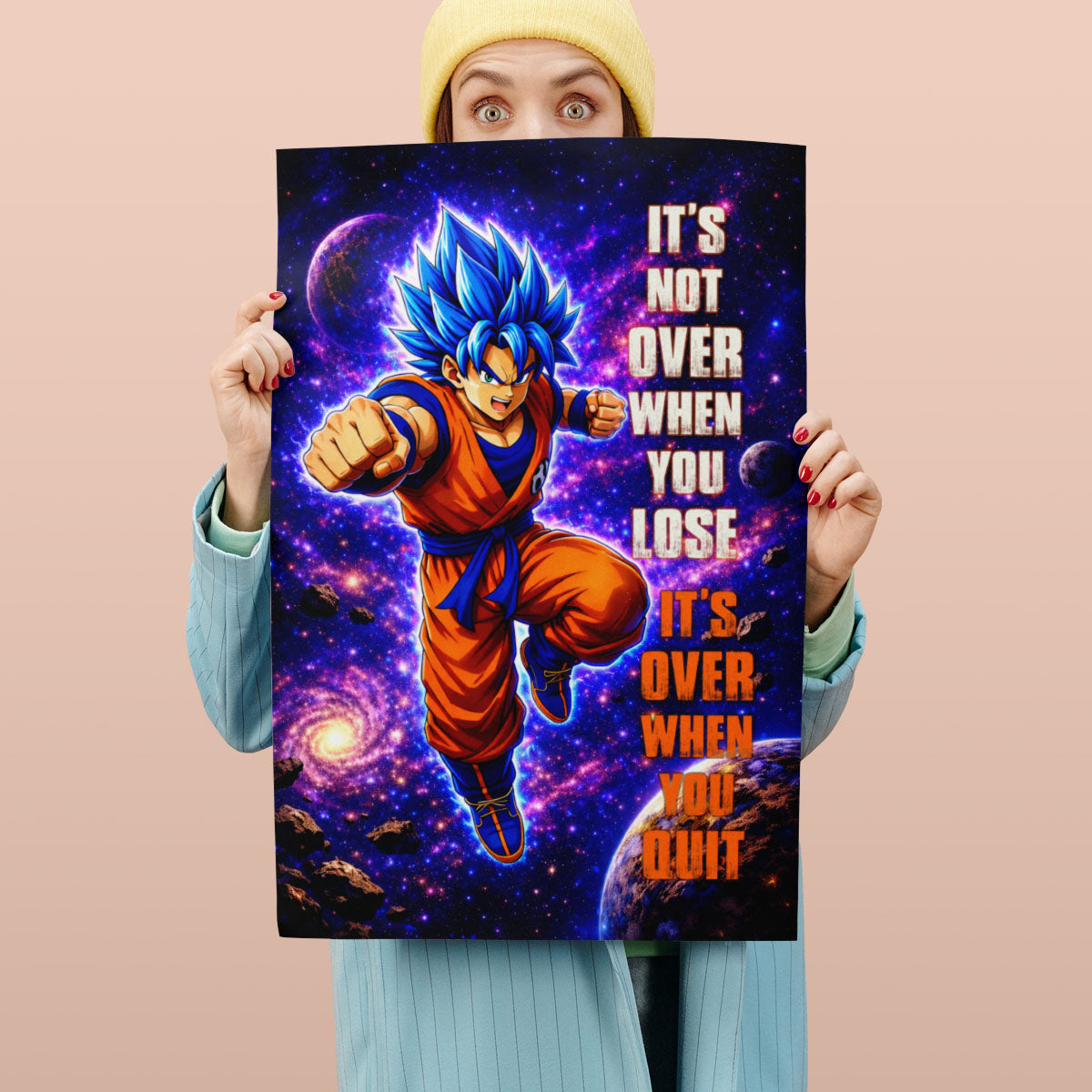 Goku Dragon Ball Super Motivational Canvas Wall Art - Super Saiyan Blue -  It's Not Over When You Lose - Gamer Boy Room Decor Gift - DR084