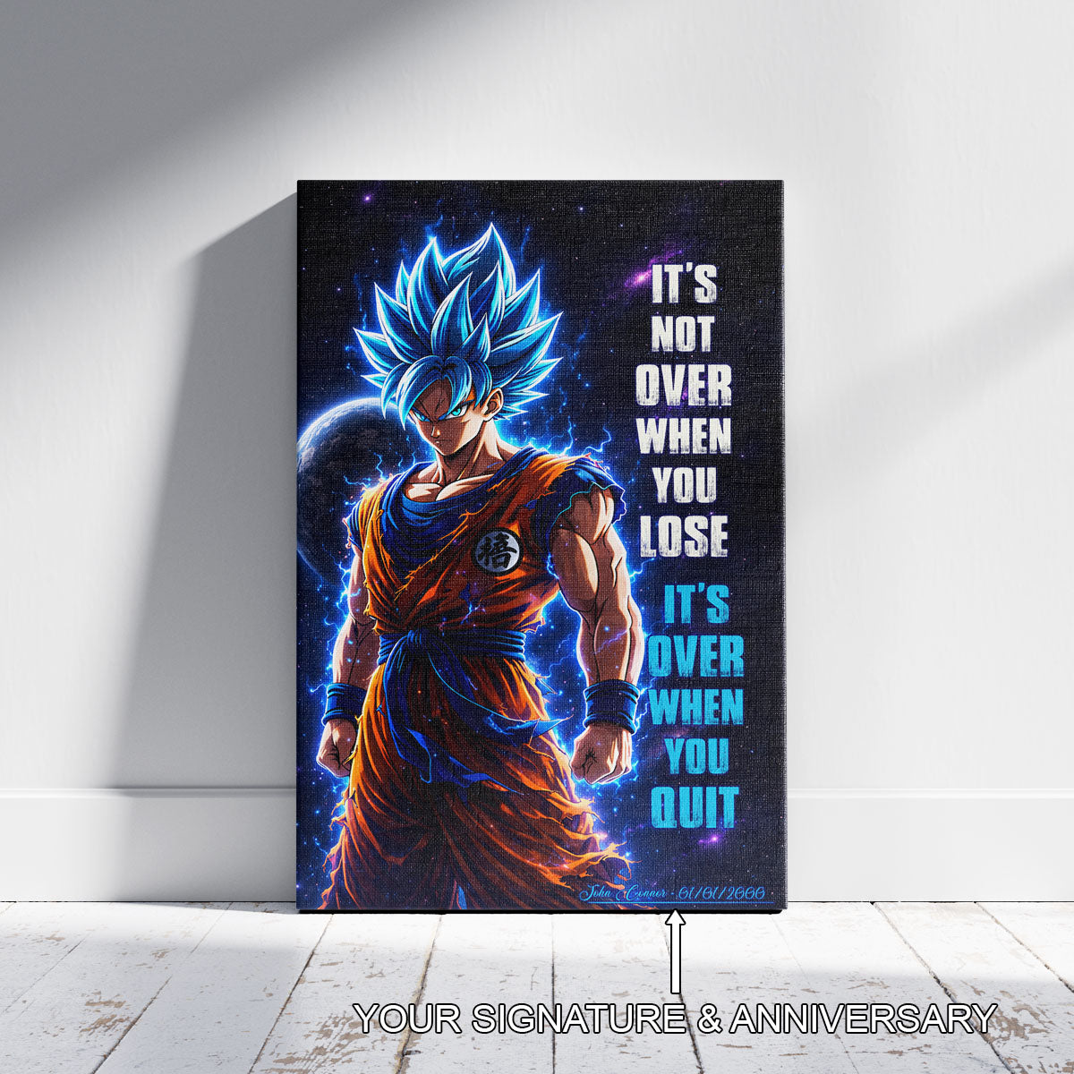 Goku Dragon Ball Super Motivational Canvas Wall Art - Super Saiyan Blue -  It's Not Over When You Lose - Gamer Boy Room Decor Gift - DR085