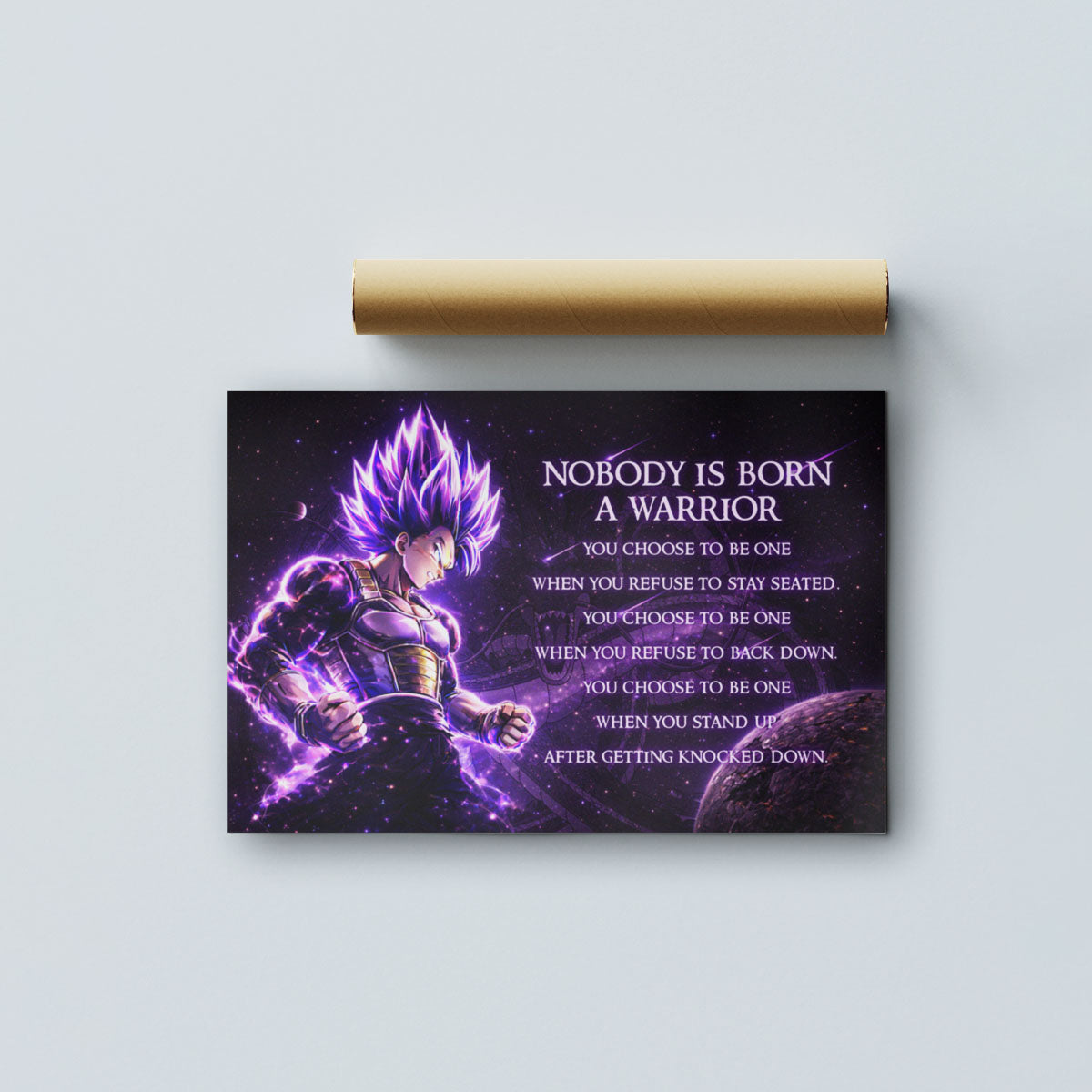 Dragon Ball Super Vegeta Ultra Ego Canvas Wall Art - Nobody Is Born A Warrior - Motivational Quote Print - Ready to Hang Anime Decor for Boys Room, Man Cave - DR090