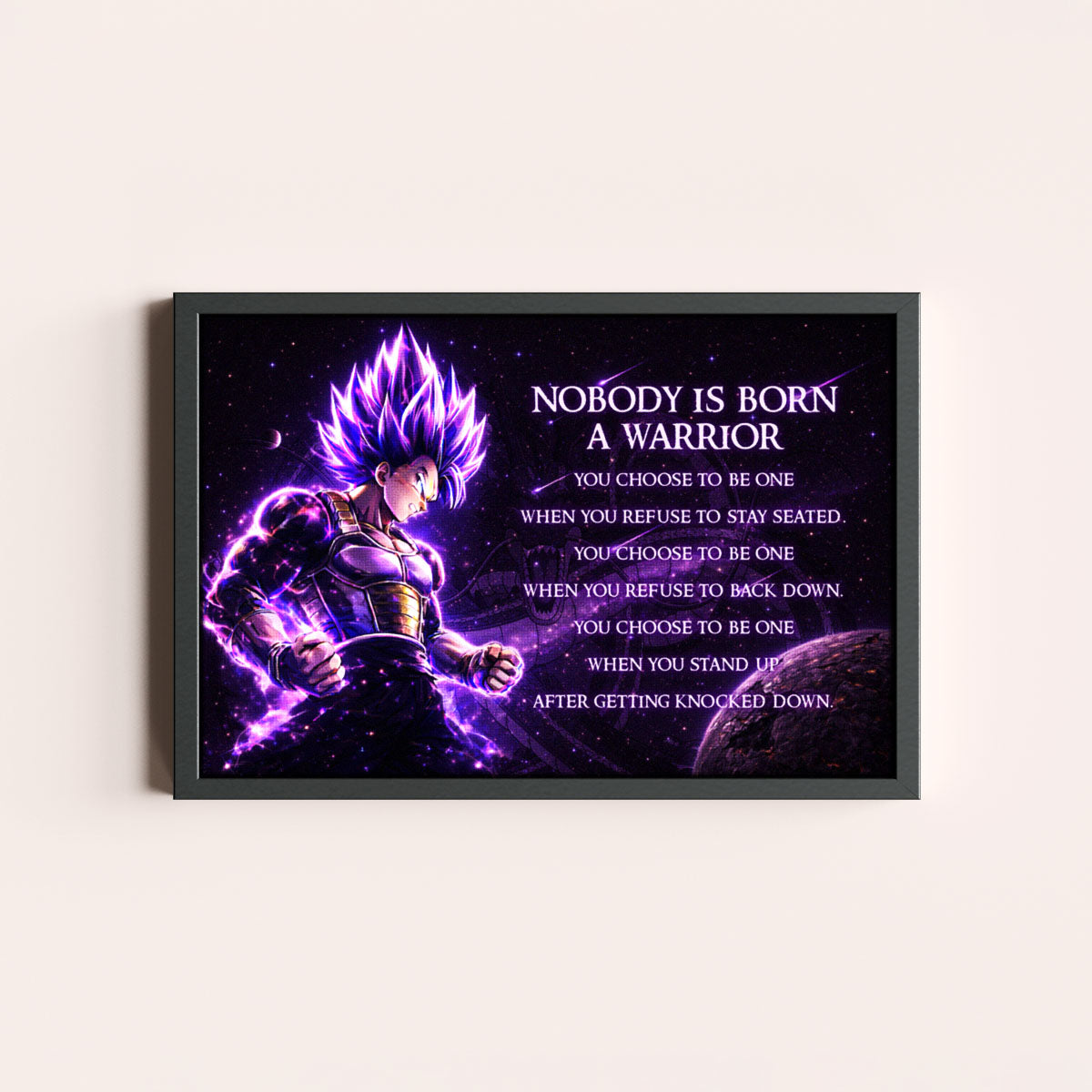 Dragon Ball Super Vegeta Ultra Ego Canvas Wall Art - Nobody Is Born A Warrior - Motivational Quote Print - Ready to Hang Anime Decor for Boys Room, Man Cave - DR090