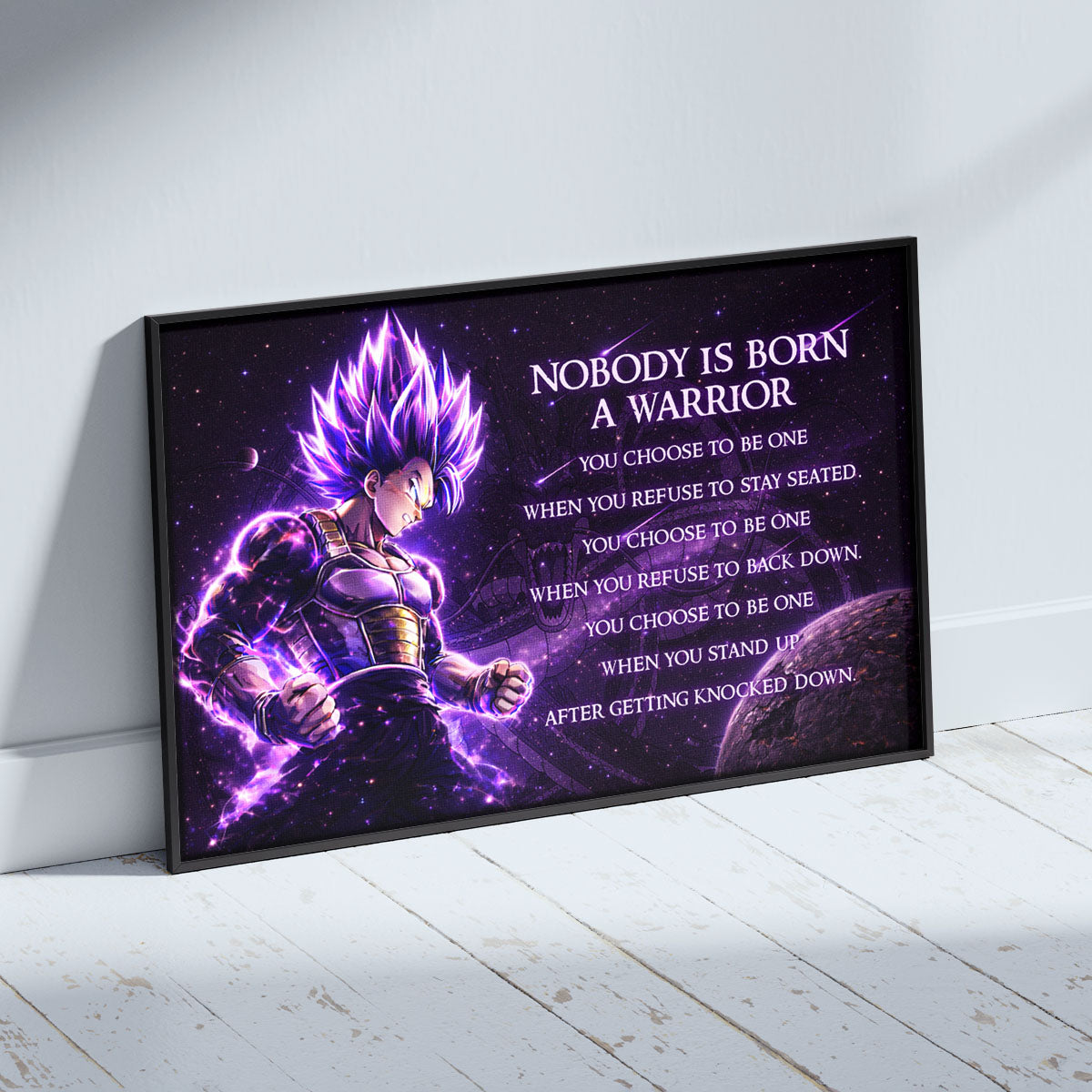 Dragon Ball Super Vegeta Ultra Ego Canvas Wall Art - Nobody Is Born A Warrior - Motivational Quote Print - Ready to Hang Anime Decor for Boys Room, Man Cave - DR090