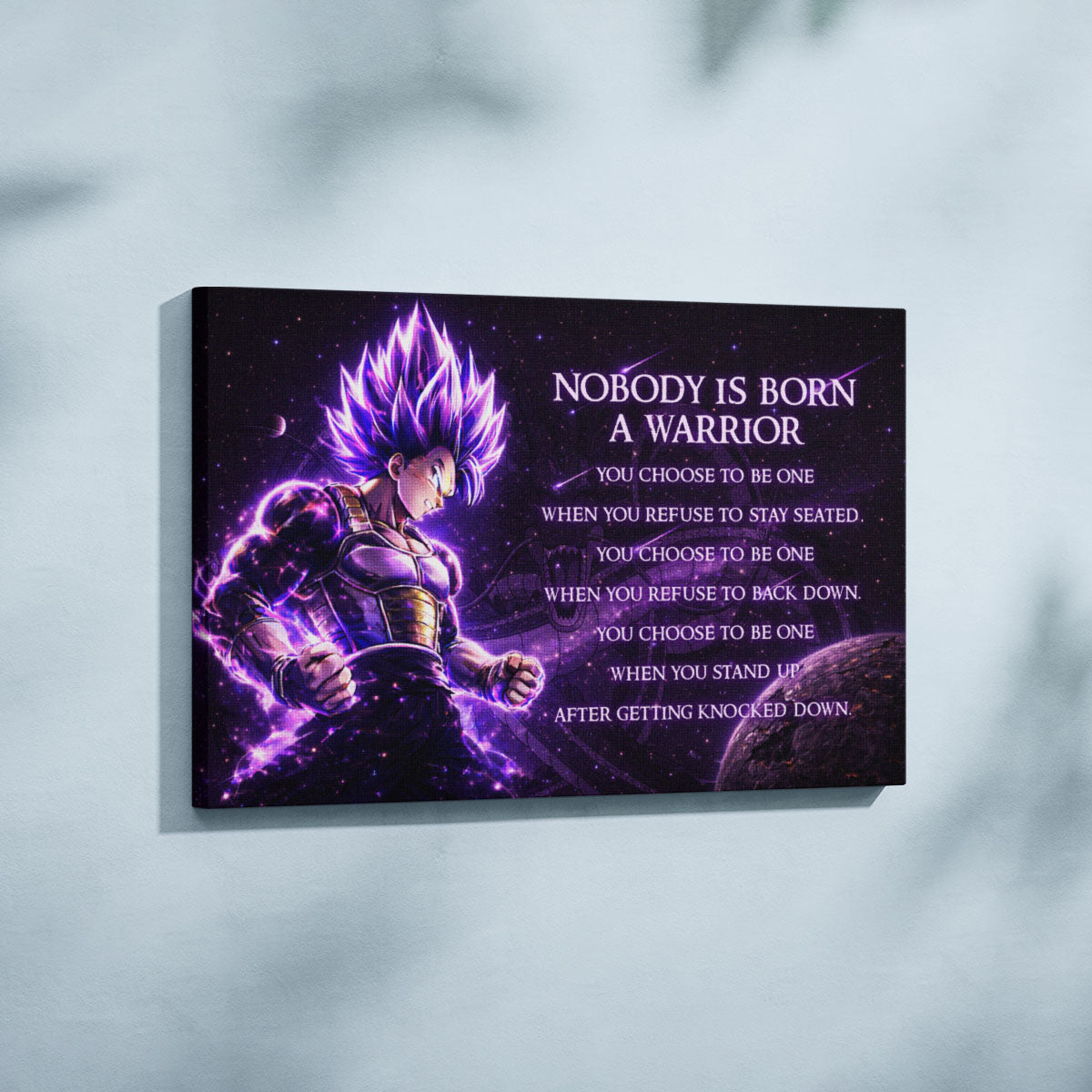 Dragon Ball Super Vegeta Ultra Ego Canvas Wall Art - Nobody Is Born A Warrior - Motivational Quote Print - Ready to Hang Anime Decor for Boys Room, Man Cave - DR090
