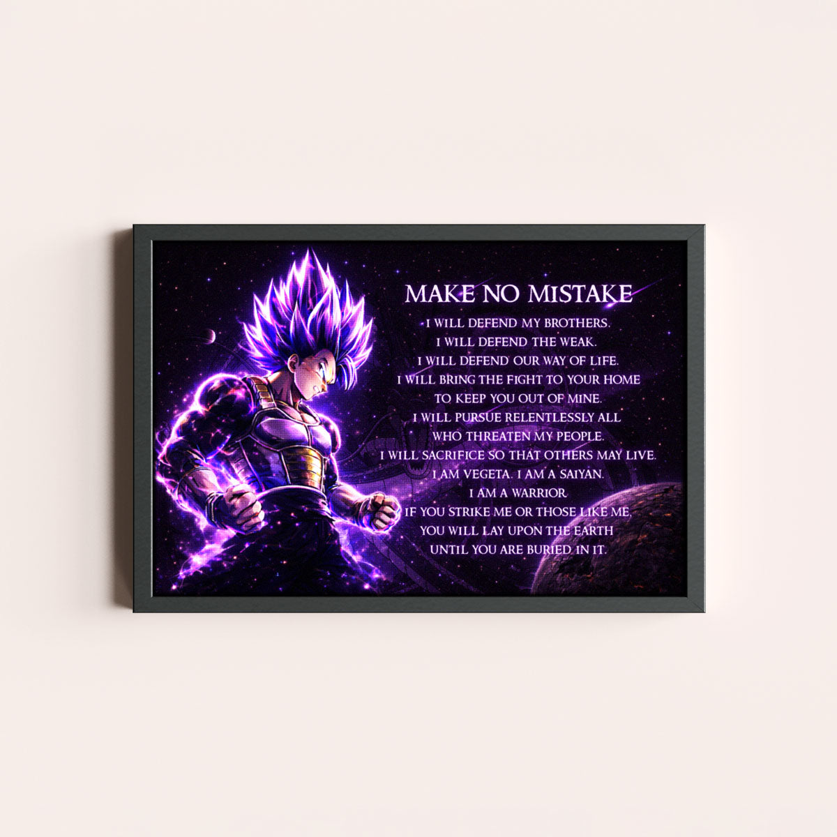 Dragon Ball Super Vegeta Ultra Ego Canvas Wall Art - Make No Mistake - Motivational Quote Print - Ready to Hang Anime Decor for Boys Room, Man Cave - DR091