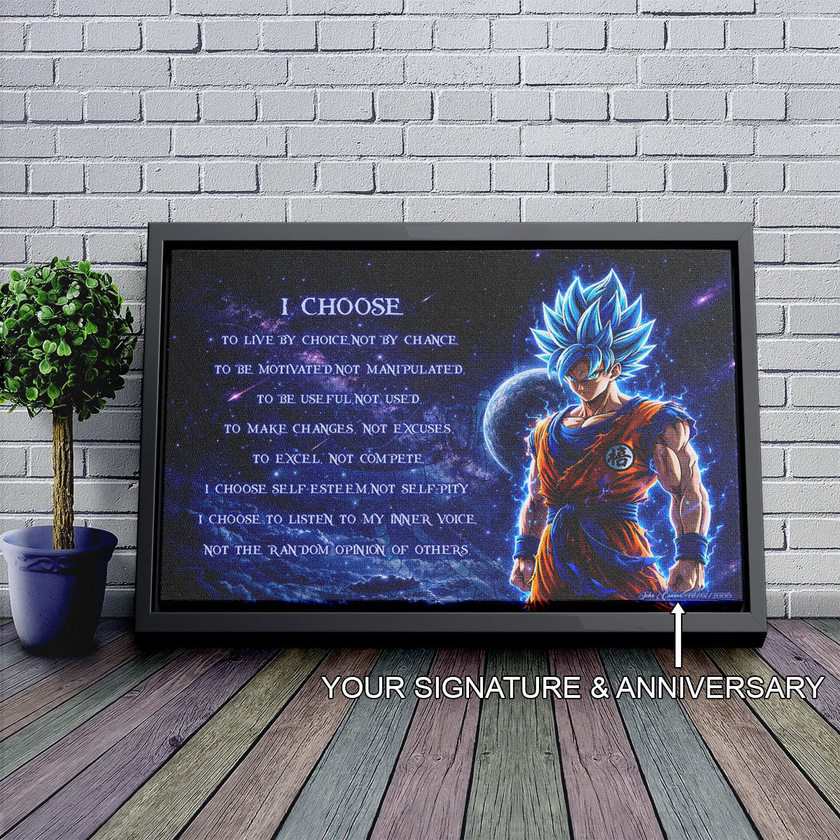 Dragon Ball Super Saiyan Blue Goku Canvas Wall Art - I Choose - Motivational Quote Print - Ready to Hang Office Living Room Decor - DR092
