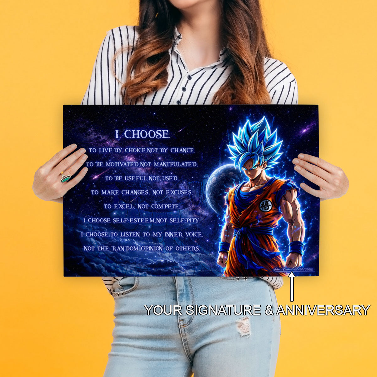 Dragon Ball Super Saiyan Blue Goku Canvas Wall Art - I Choose - Motivational Quote Print - Ready to Hang Office Living Room Decor - DR092