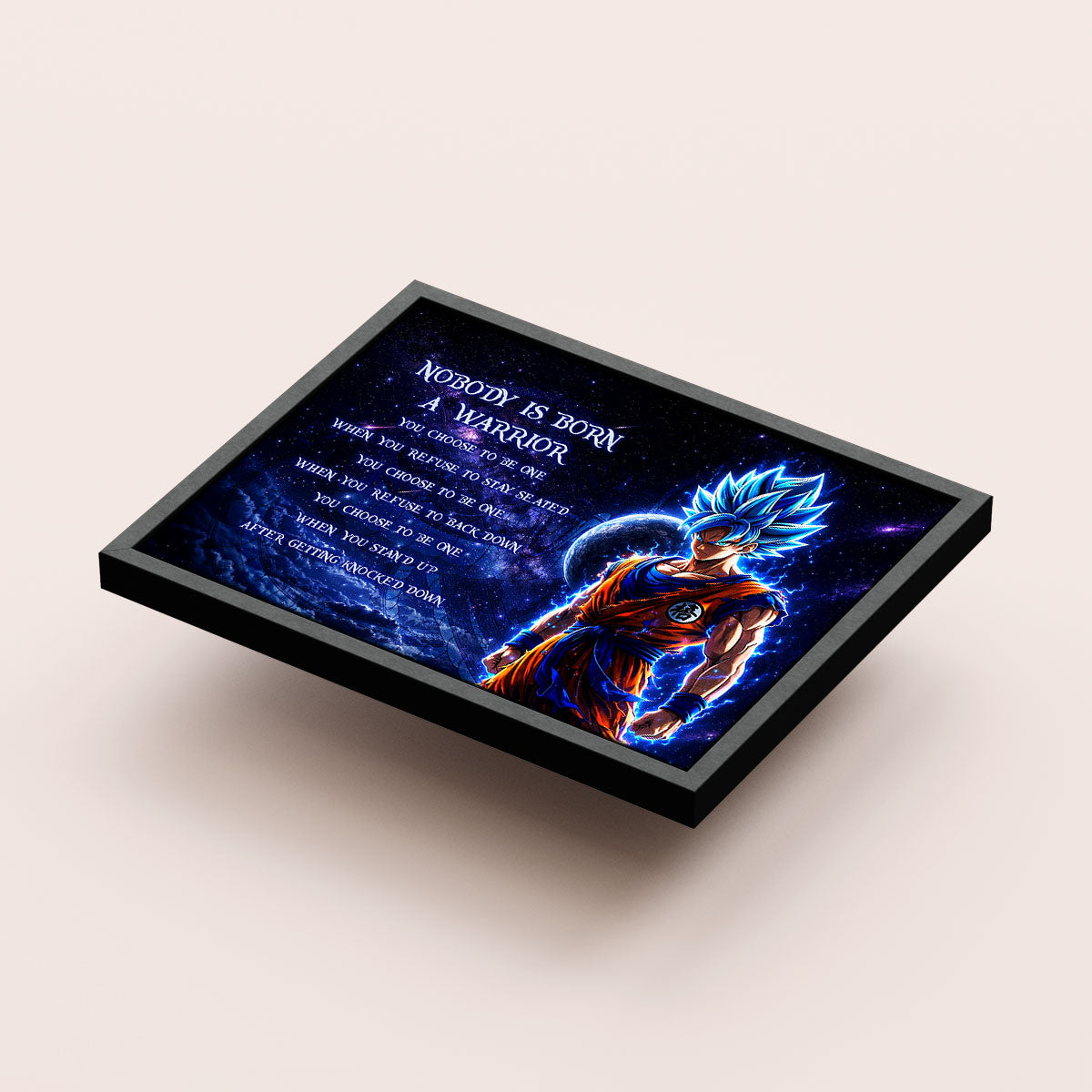Dragon Ball Super Saiyan Blue Goku Canvas Wall Art - Nobody Is Born A Warrior - Motivational Quote Print - Ready to Hang Home Office Decor - DR093