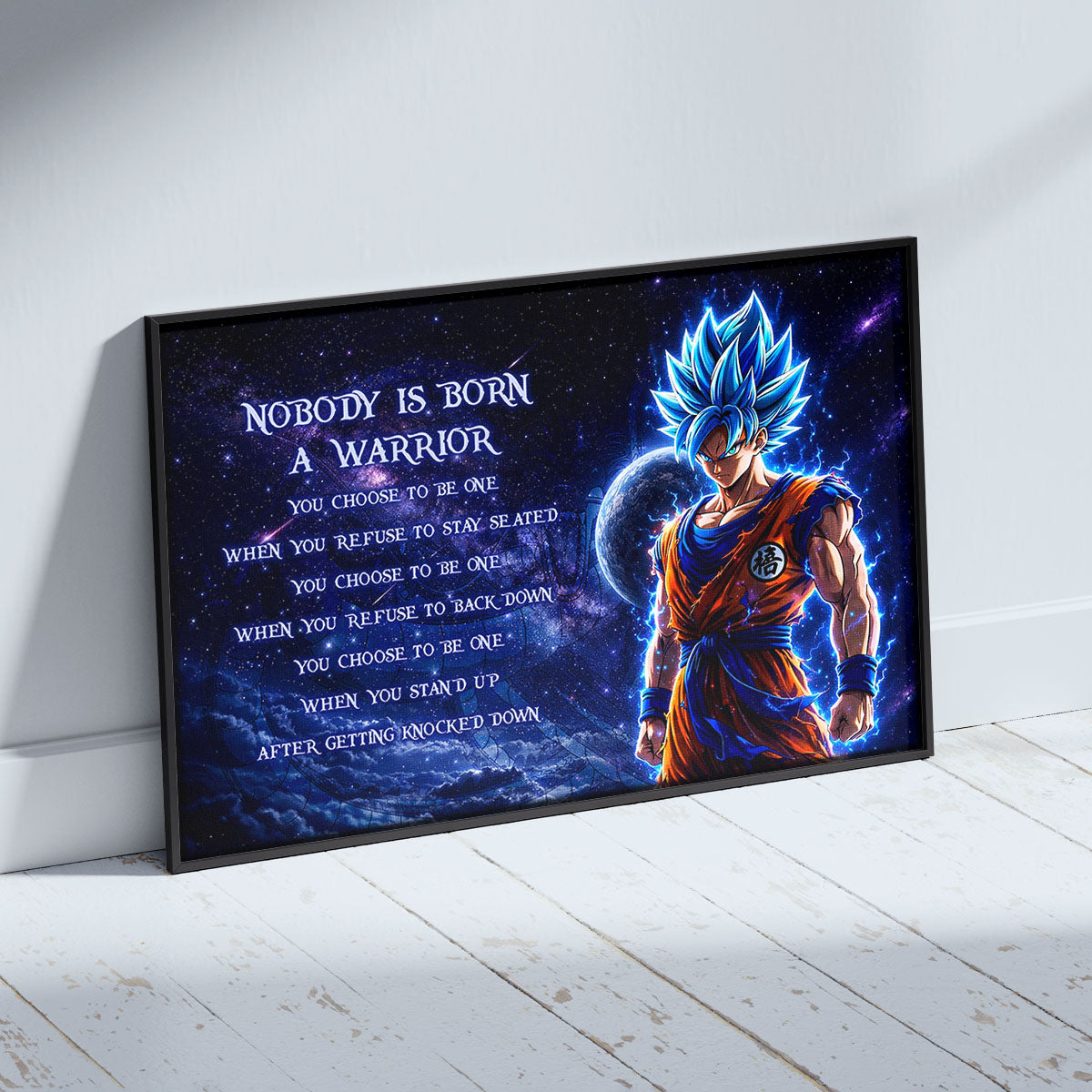 Dragon Ball Super Saiyan Blue Goku Canvas Wall Art - Nobody Is Born A Warrior - Motivational Quote Print - Ready to Hang Home Office Decor - DR093