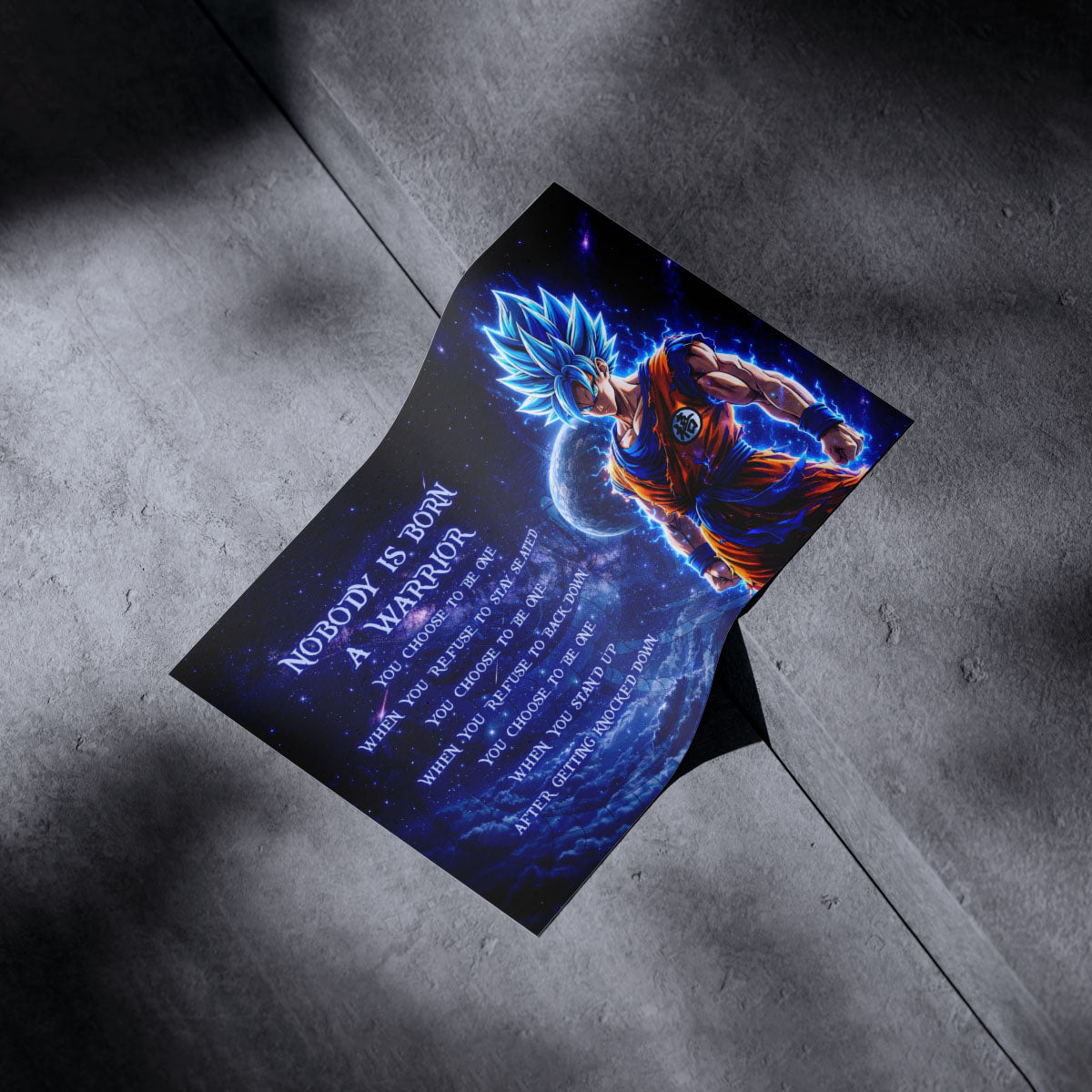 Dragon Ball Super Saiyan Blue Goku Canvas Wall Art - Nobody Is Born A Warrior - Motivational Quote Print - Ready to Hang Home Office Decor - DR093