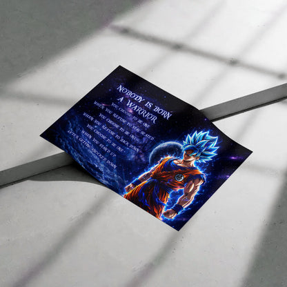 Dragon Ball Super Saiyan Blue Goku Canvas Wall Art - Nobody Is Born A Warrior - Motivational Quote Print - Ready to Hang Home Office Decor - DR093