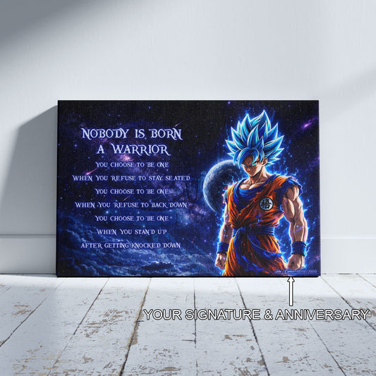 Dragon Ball Super Saiyan Blue Goku Canvas Wall Art - Nobody Is Born A Warrior - Motivational Quote Print - Ready to Hang Home Office Decor - DR093