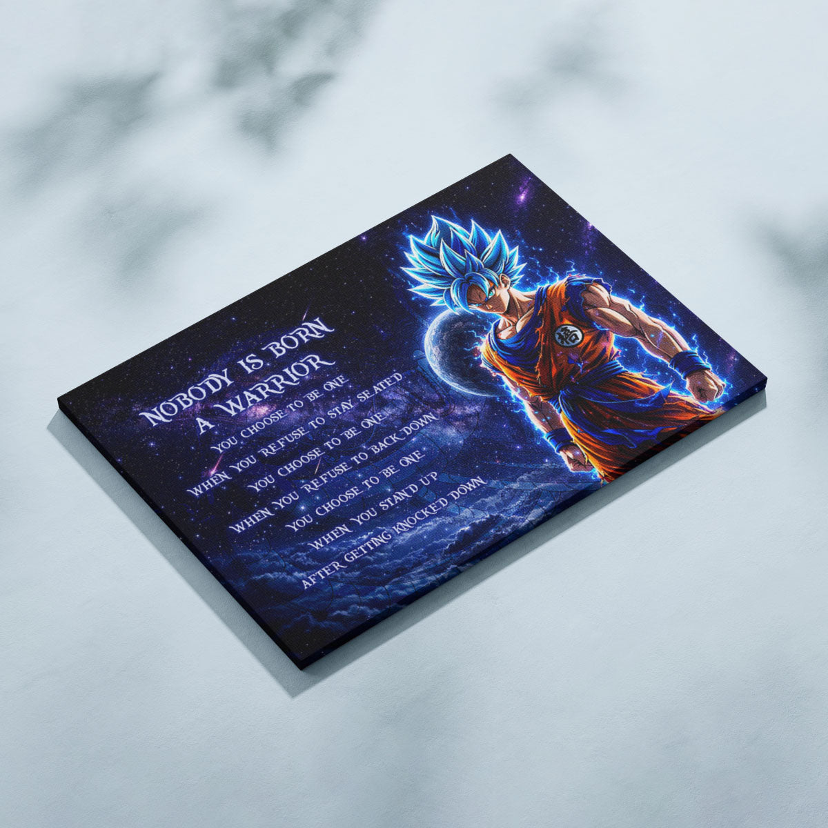 Dragon Ball Super Saiyan Blue Goku Canvas Wall Art - Nobody Is Born A Warrior - Motivational Quote Print - Ready to Hang Home Office Decor - DR093