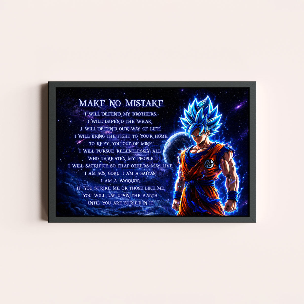 Dragon Ball Super Saiyan Blue Goku Canvas Wall Art - Make No Mistake - Motivational Quote Print - Ready to Hang Office Living Room Decor - DR094
