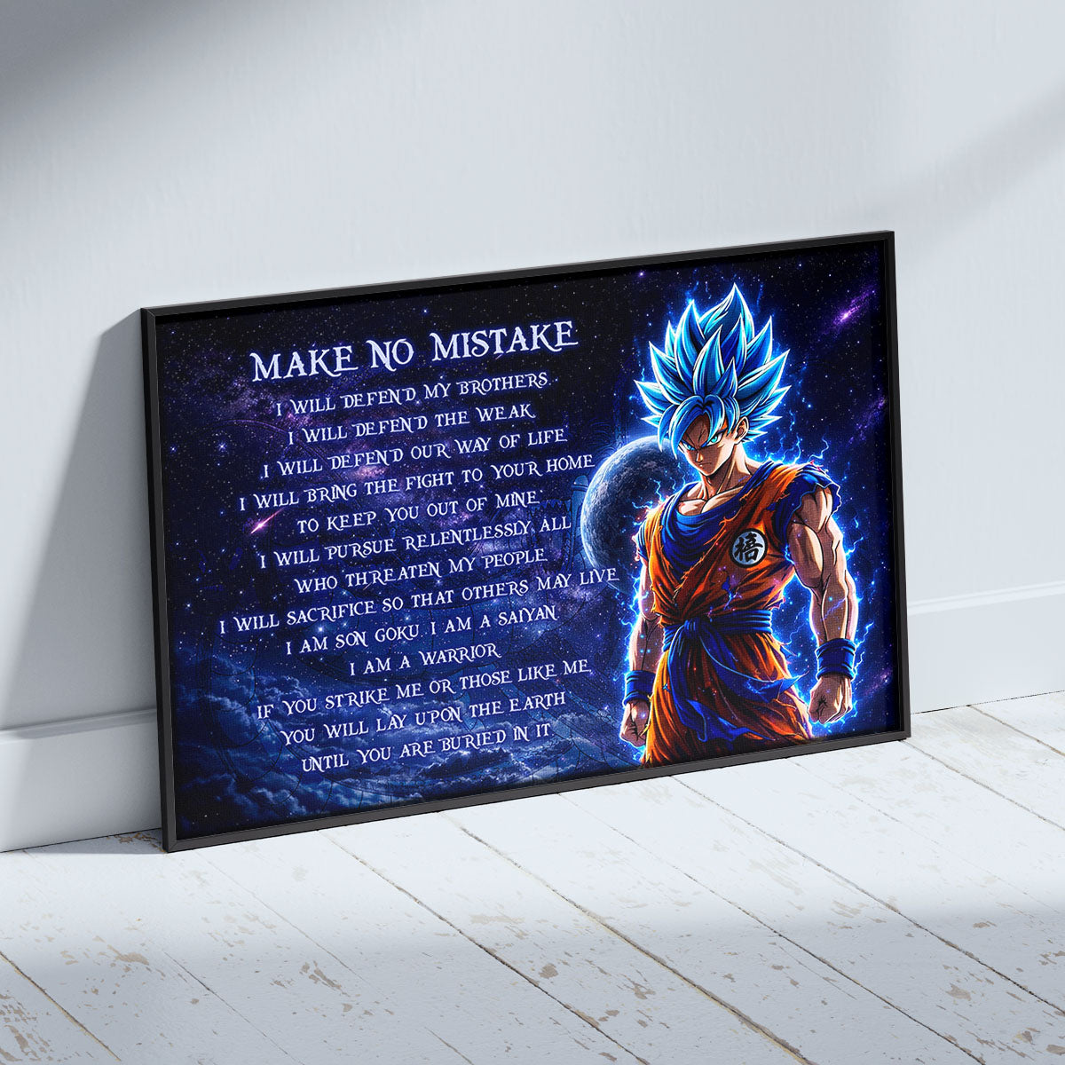 Dragon Ball Super Saiyan Blue Goku Canvas Wall Art - Make No Mistake - Motivational Quote Print - Ready to Hang Office Living Room Decor - DR094