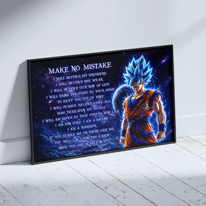 Dragon Ball Super Saiyan Blue Goku Canvas Wall Art - Make No Mistake - Motivational Quote Print - Ready to Hang Office Living Room Decor - DR094