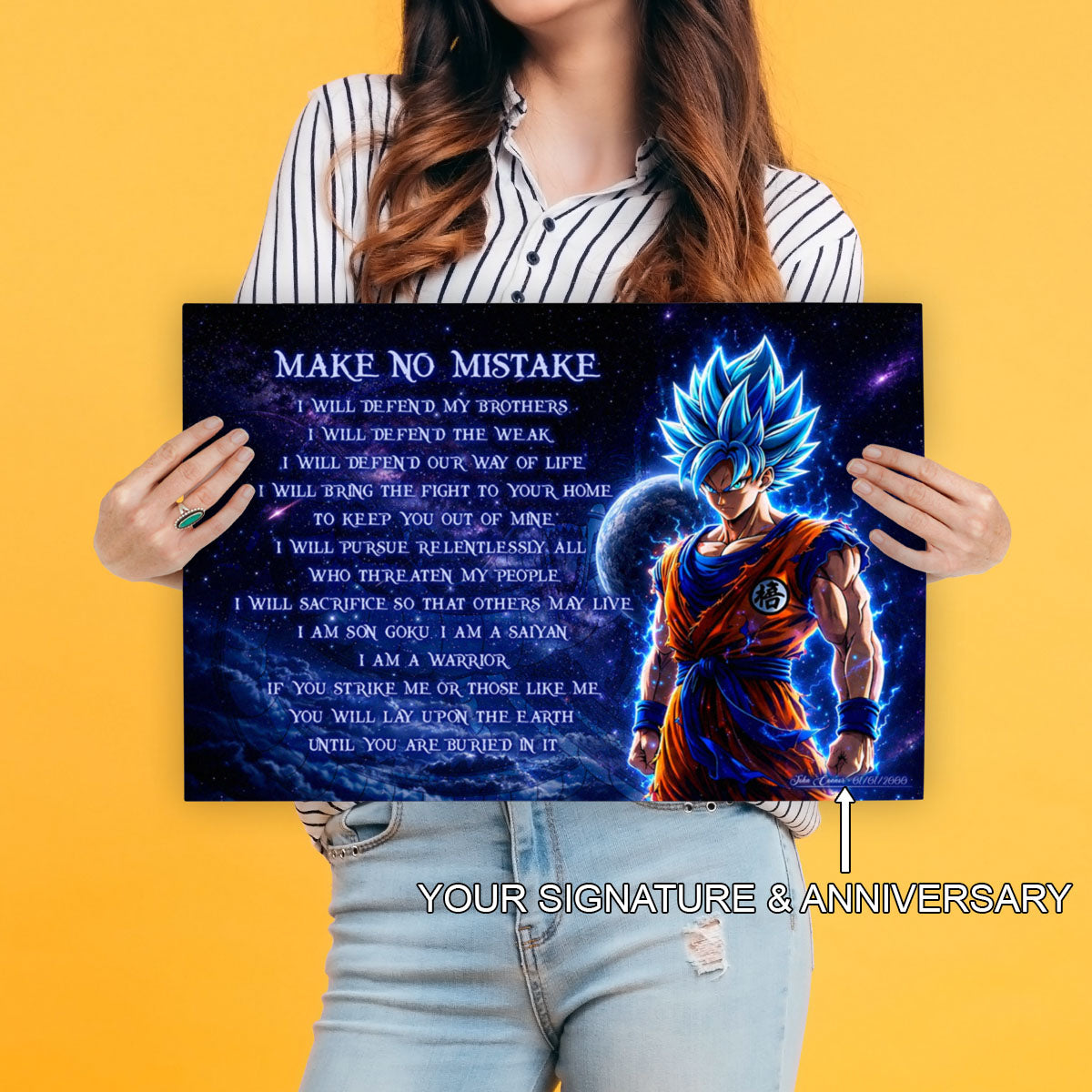 Dragon Ball Super Saiyan Blue Goku Canvas Wall Art - Make No Mistake - Motivational Quote Print - Ready to Hang Office Living Room Decor - DR094