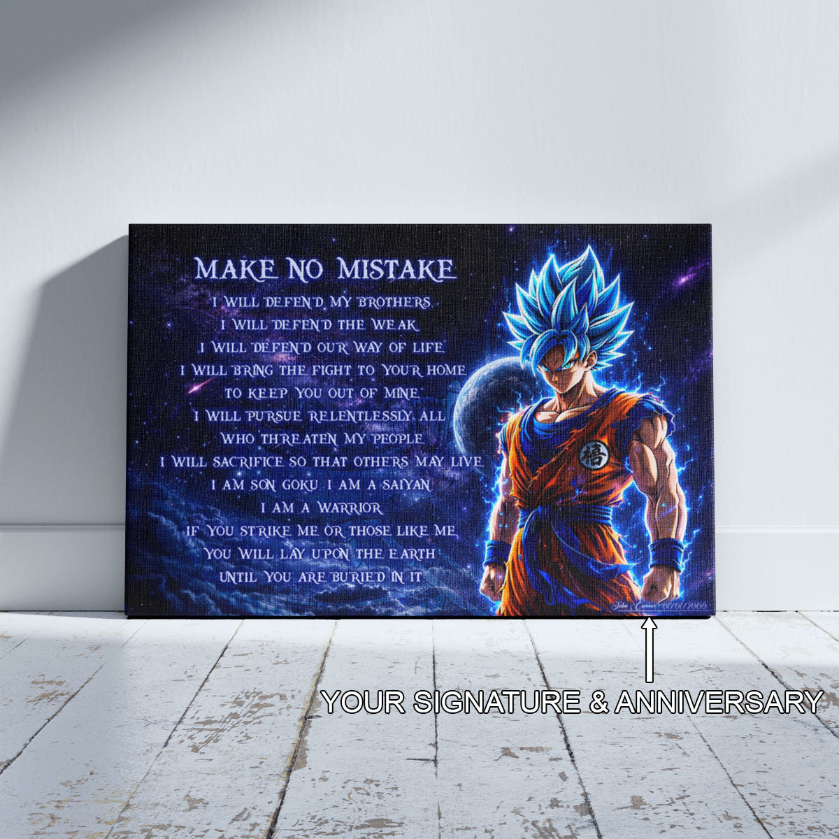 Dragon Ball Super Saiyan Blue Goku Canvas Wall Art - Make No Mistake - Motivational Quote Print - Ready to Hang Office Living Room Decor - DR094