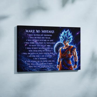 Dragon Ball Super Saiyan Blue Goku Canvas Wall Art - Make No Mistake - Motivational Quote Print - Ready to Hang Office Living Room Decor - DR094