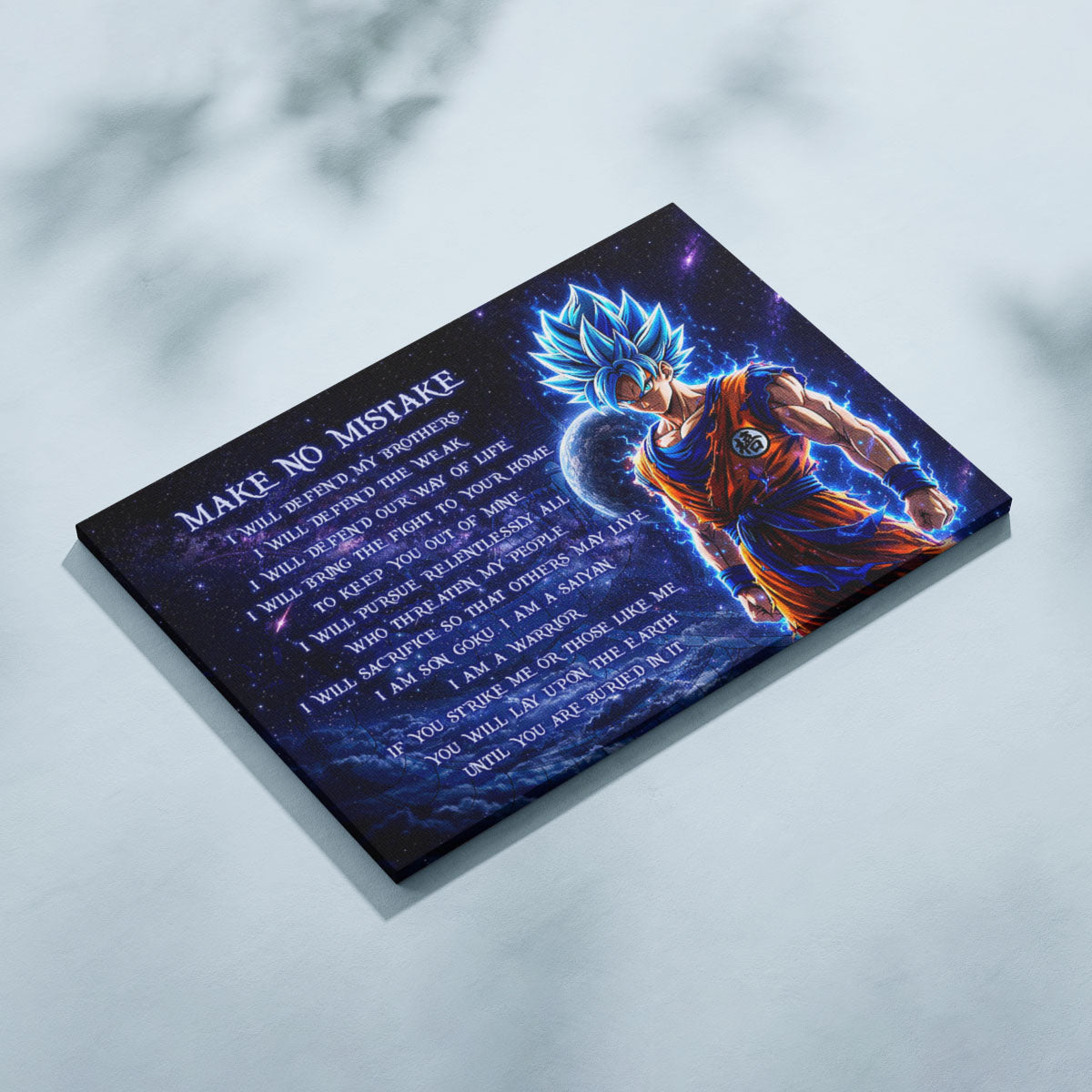 Dragon Ball Super Saiyan Blue Goku Canvas Wall Art - Make No Mistake - Motivational Quote Print - Ready to Hang Office Living Room Decor - DR094