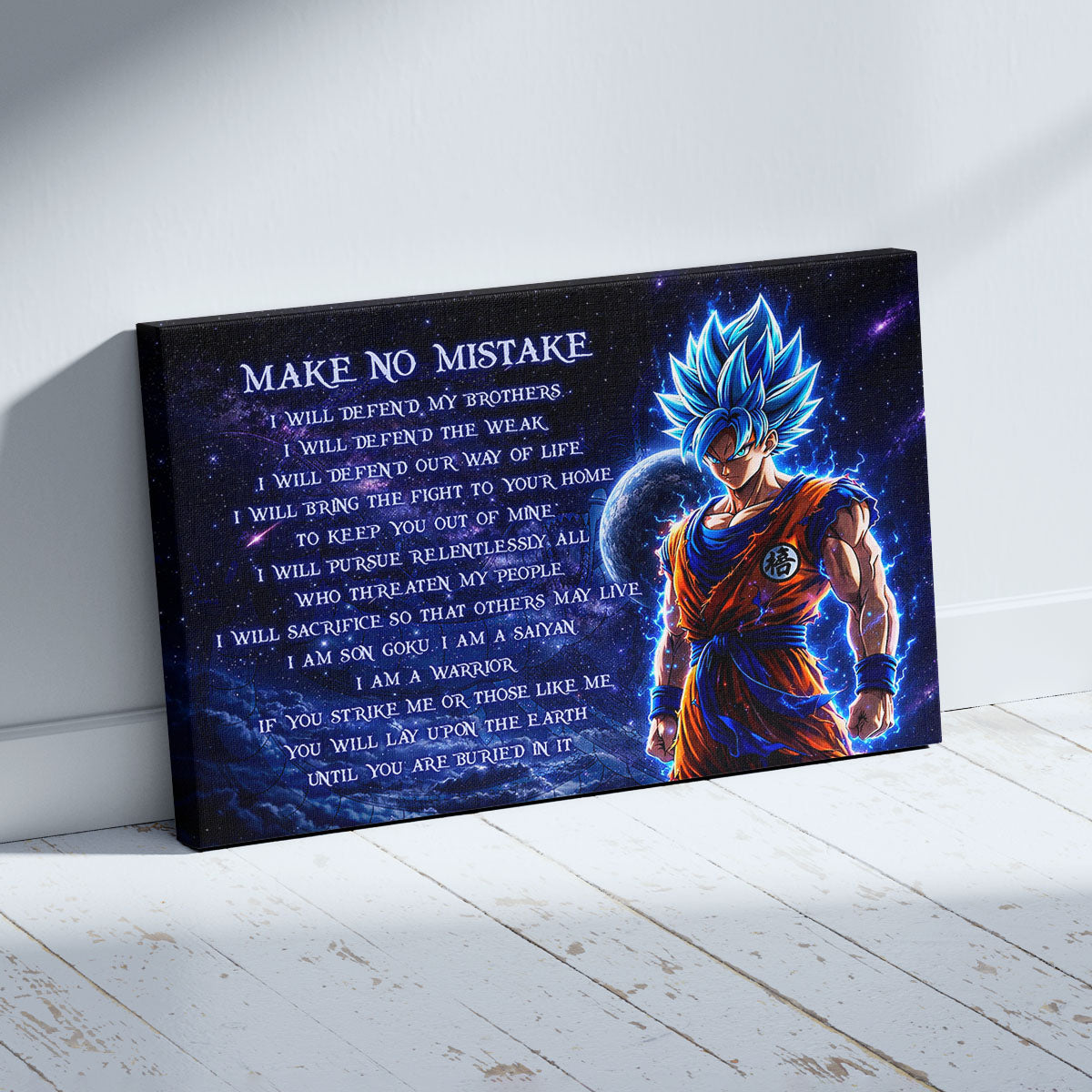 Dragon Ball Super Saiyan Blue Goku Canvas Wall Art - Make No Mistake - Motivational Quote Print - Ready to Hang Office Living Room Decor - DR094
