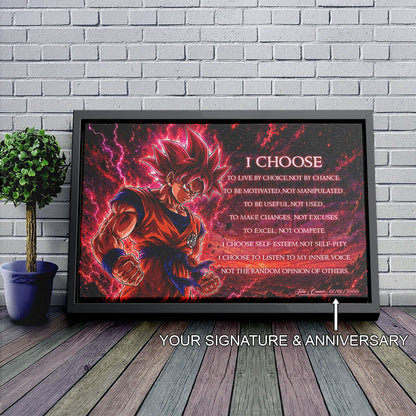 Goku Super Saiyan God Canvas Wall Art - Dragon Ball Super Motivational Quote "I Choose" Print - Ready to Hang Home Office Decor - DR095