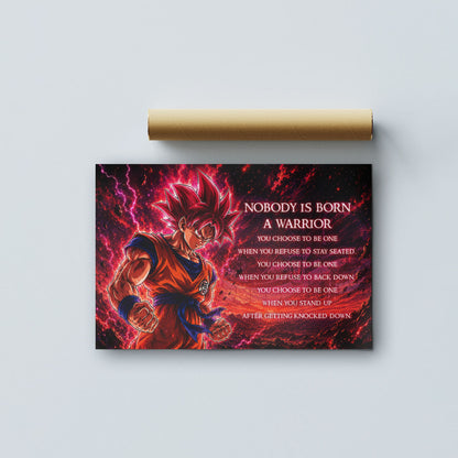 Goku Super Saiyan God Canvas Wall Art - Dragon Ball Super Motivational "Nobody Is Born A Warrior" Print - Ready to Hang Home Office Decor - DR096