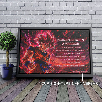 Goku Super Saiyan God Canvas Wall Art - Dragon Ball Super Motivational "Nobody Is Born A Warrior" Print - Ready to Hang Home Office Decor - DR096